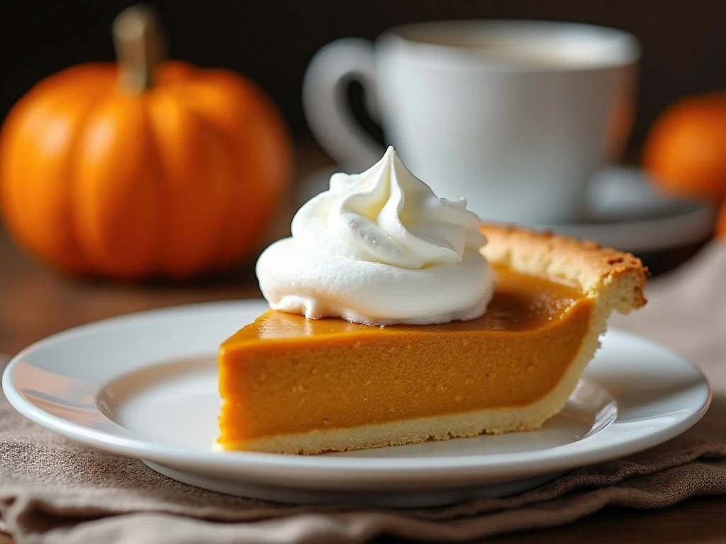 Slice of pumpkin pie served with whipped cream