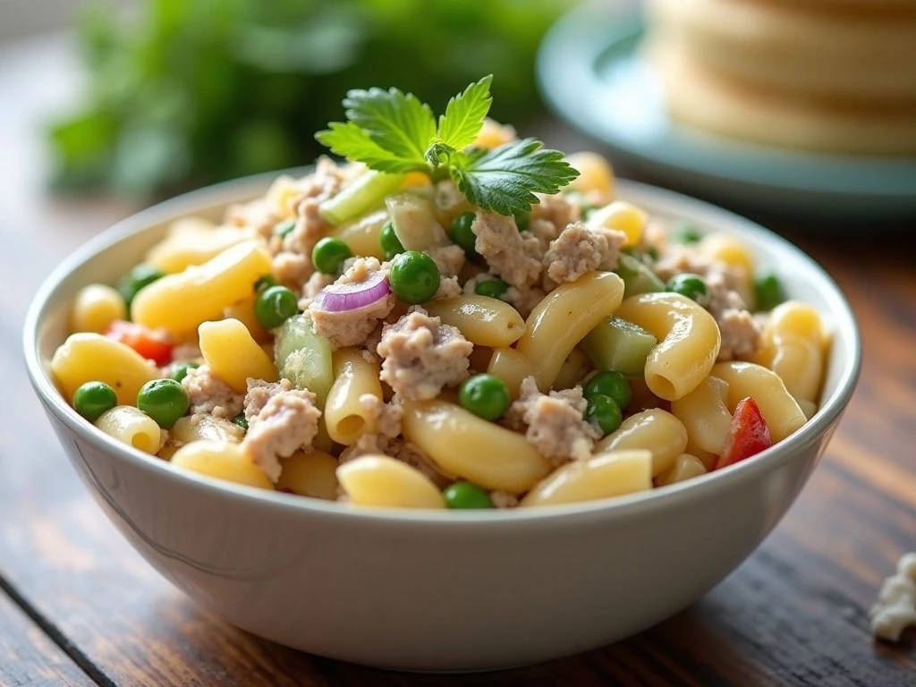 Classic tuna pasta salad with peas served in a bowl