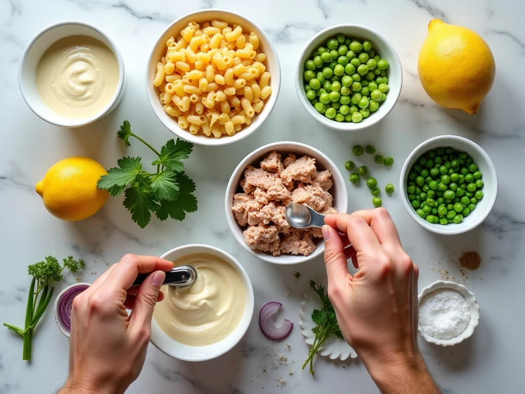 Ingredients for classic tuna pasta salad with peas