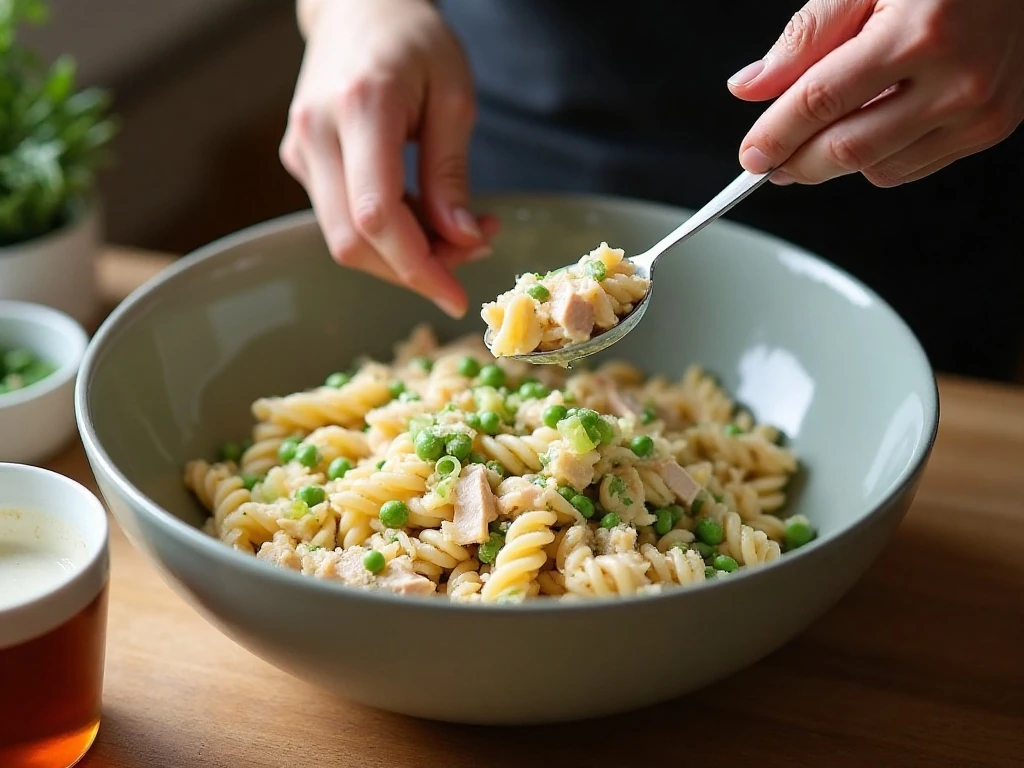 Mixing pasta, tuna, peas, and creamy dressing for tuna pasta salad