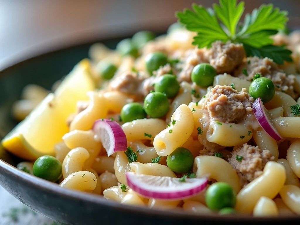 Garnished tuna pasta salad with peas ready to serve