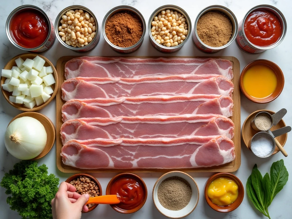 Ingredients for three-bean casserole arranged for cooking