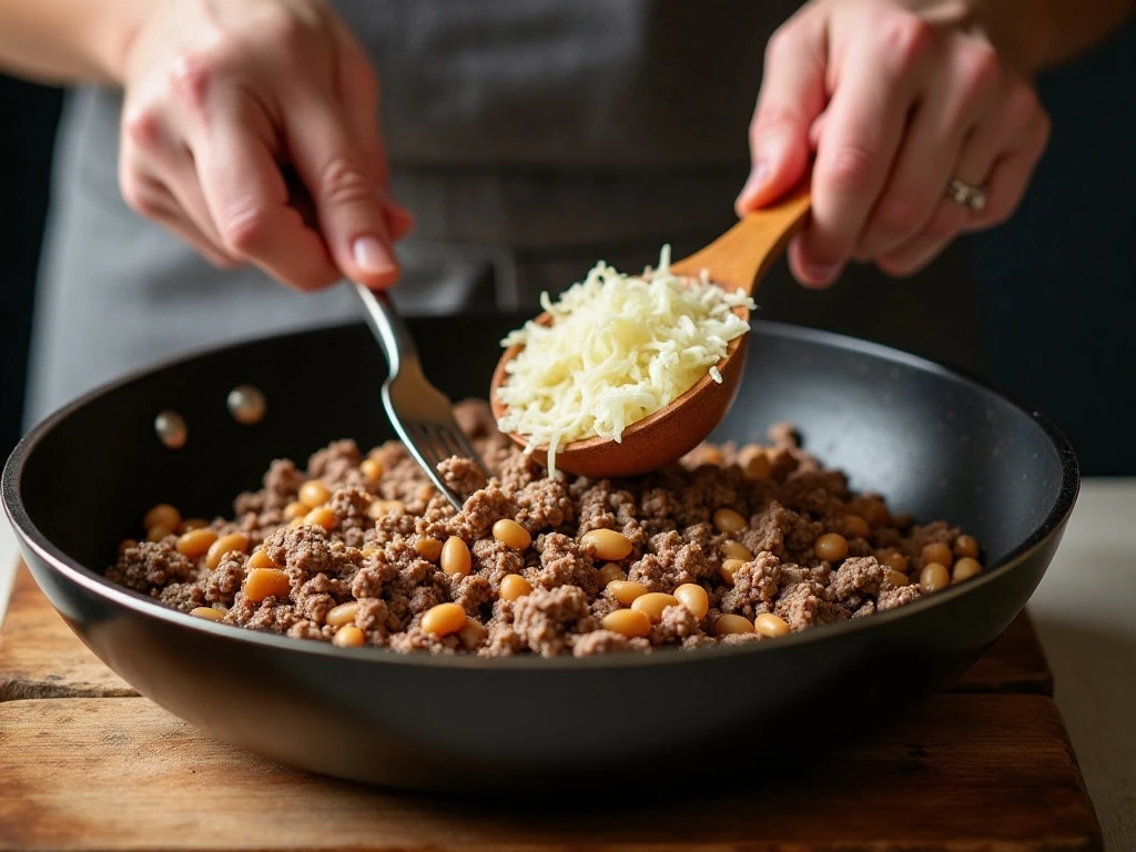 Preparing the beef, onion, and bean mixture for casserole