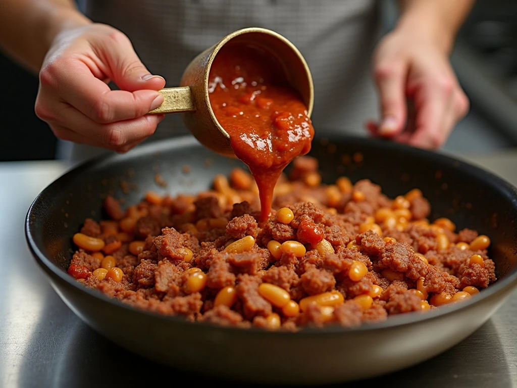 Mixing bacon, beef, beans, and sweet tangy casserole sauce