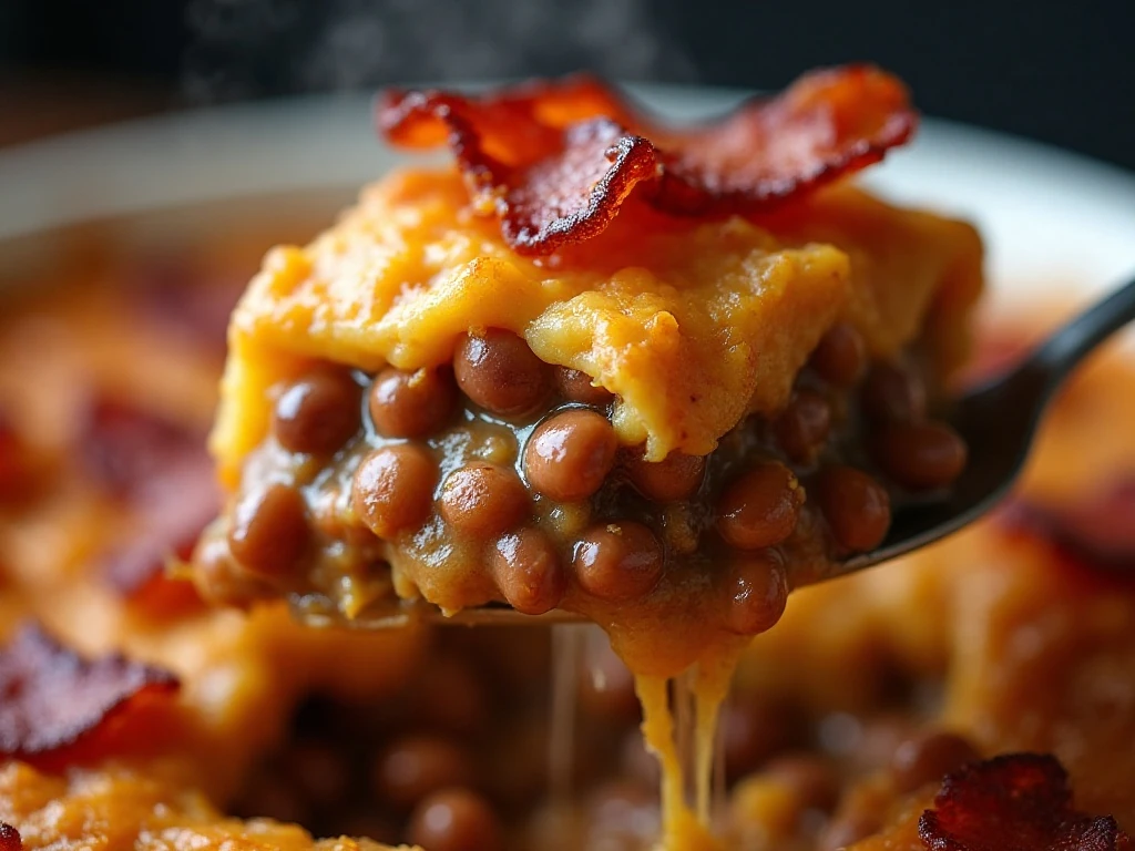 Close-up of hot bubbling three-bean casserole ready to serve