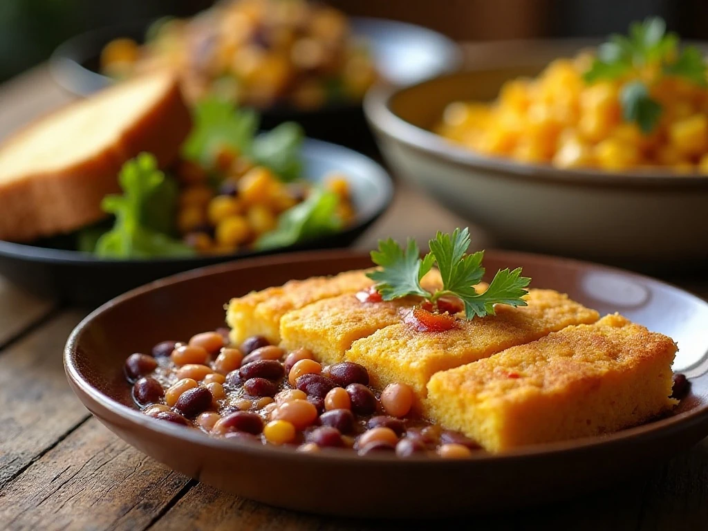 Three-bean casserole served with cornbread, salad, and salsa