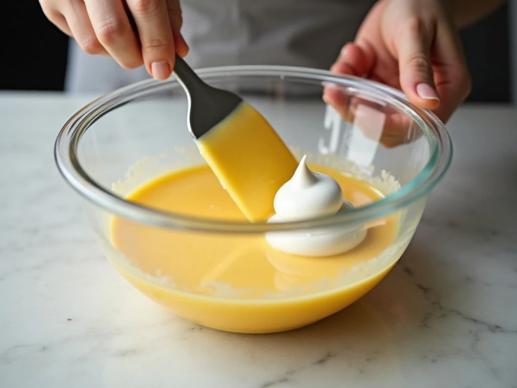 Folding the cream cheese mixture into whipped egg whites for cloud bread