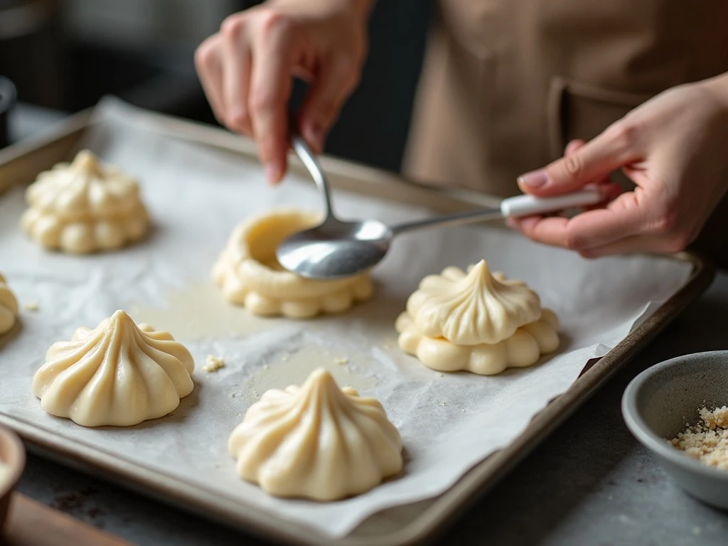 Evenly portioned cloud bread batter on a parchment-lined baking sheet