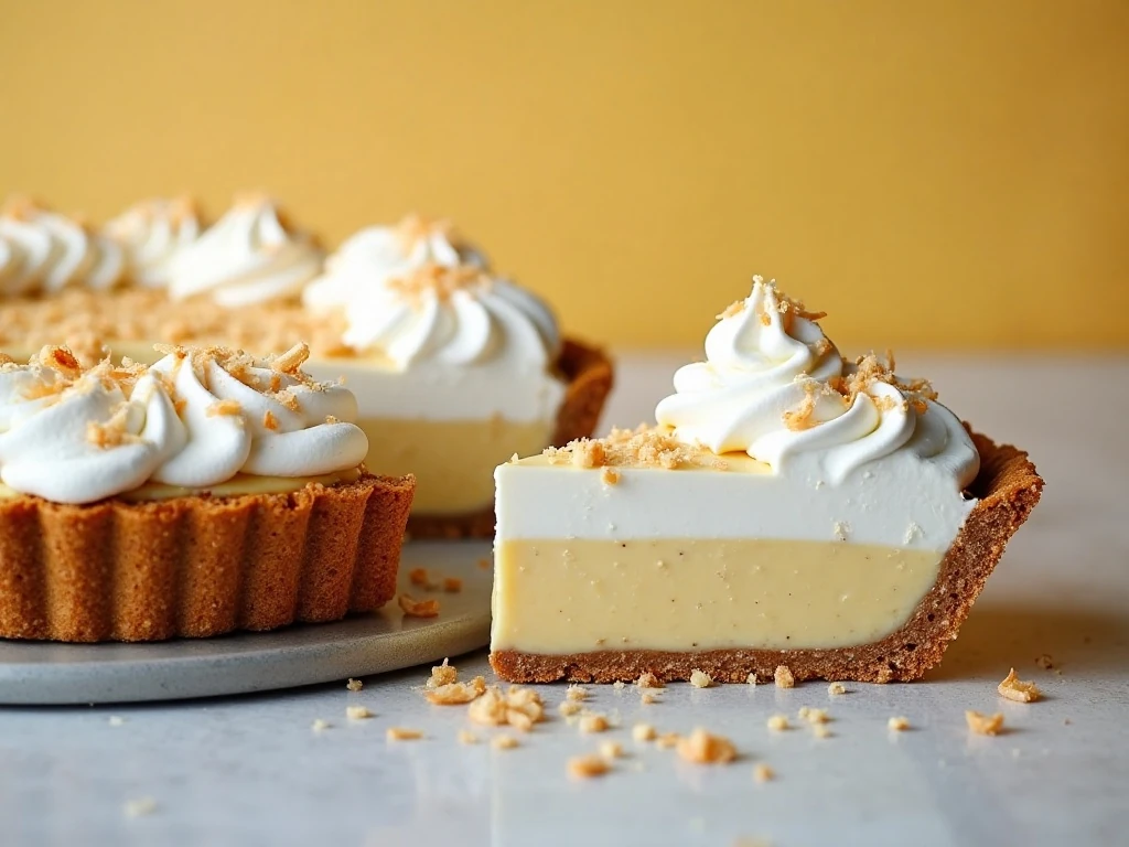 Slice of easy coconut banana cream pie showing creamy layers and graham-cracker crust
