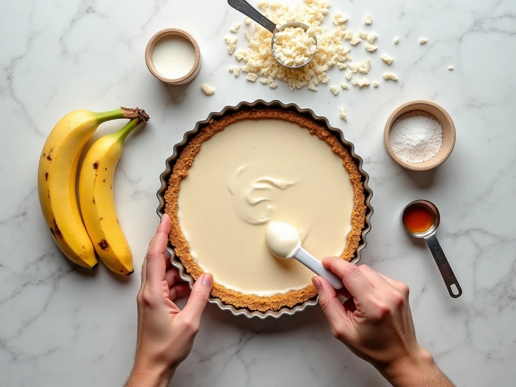 Ingredients for easy coconut banana cream pie arranged in a flat lay