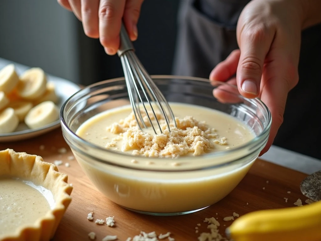 Mixing banana pudding and coconut for a no-bake cream pie