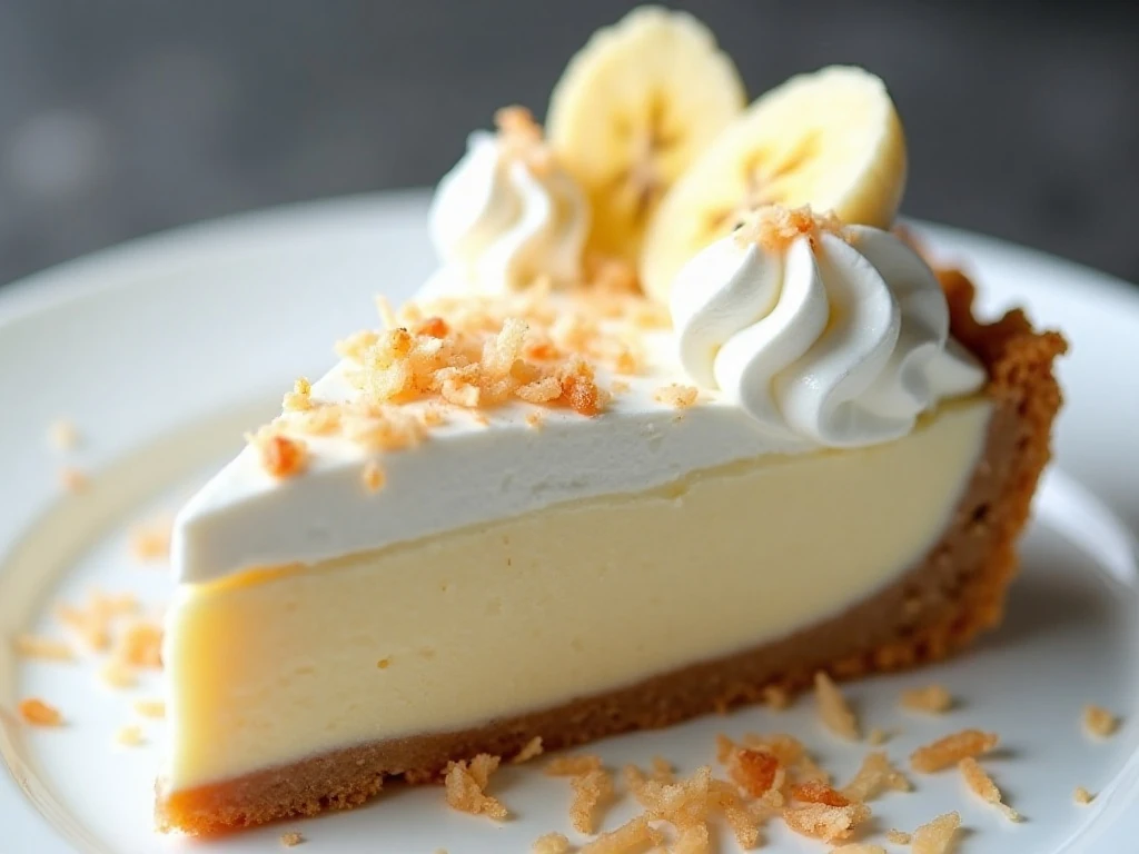 Coconut banana cream pie slice topped with whipped cream and toasted coconut