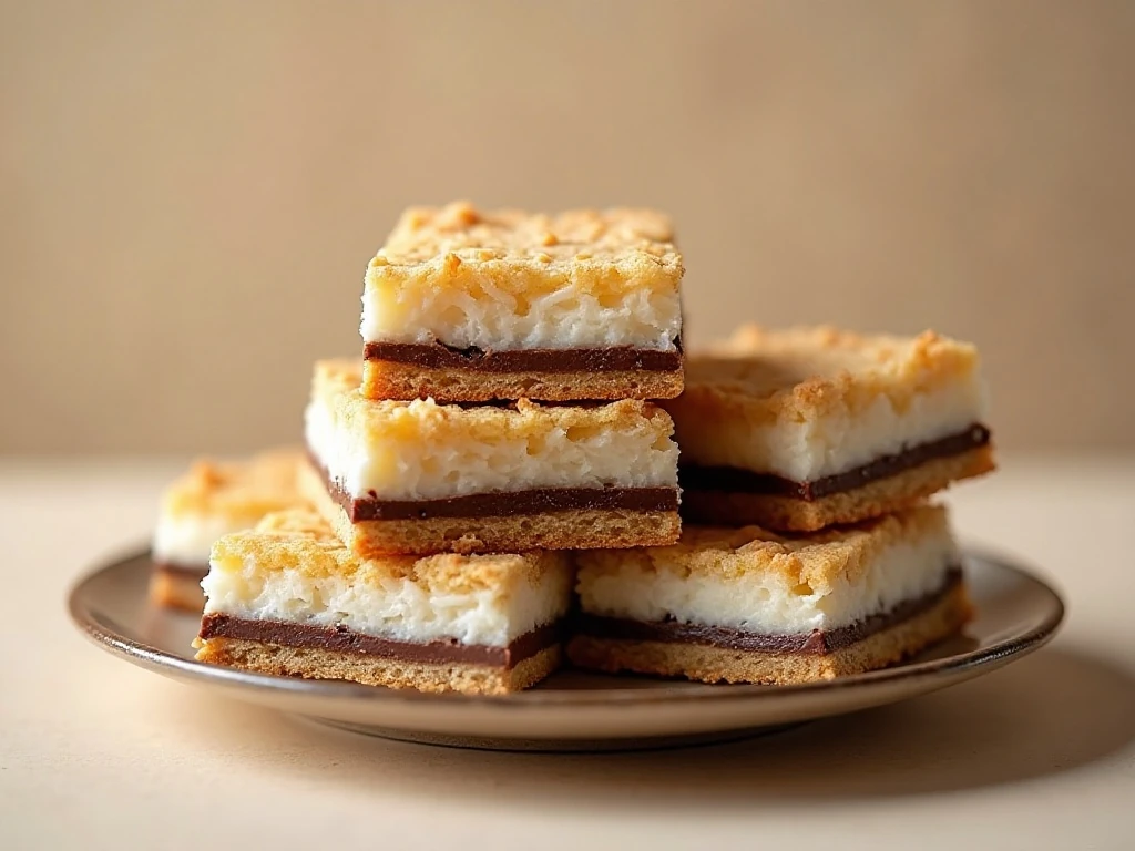 Stacked coconut Bounty cookie bars with chocolate topping