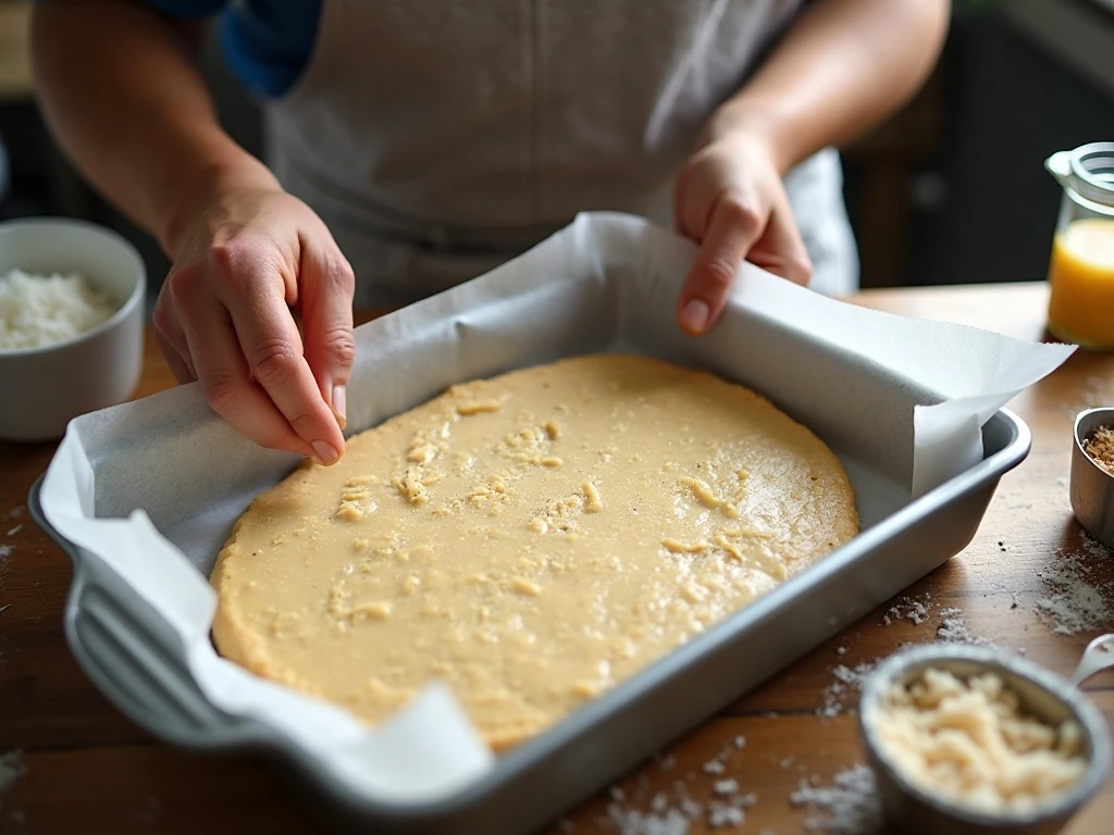 Pressing shortbread dough into a parchment-lined baking pan
