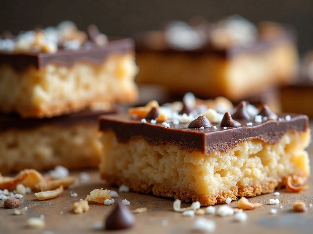 Close-up of layered coconut chocolate cookie bar