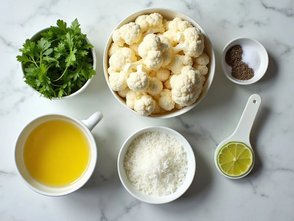 Ingredients for easy coconut cauliflower rice arranged for cooking
