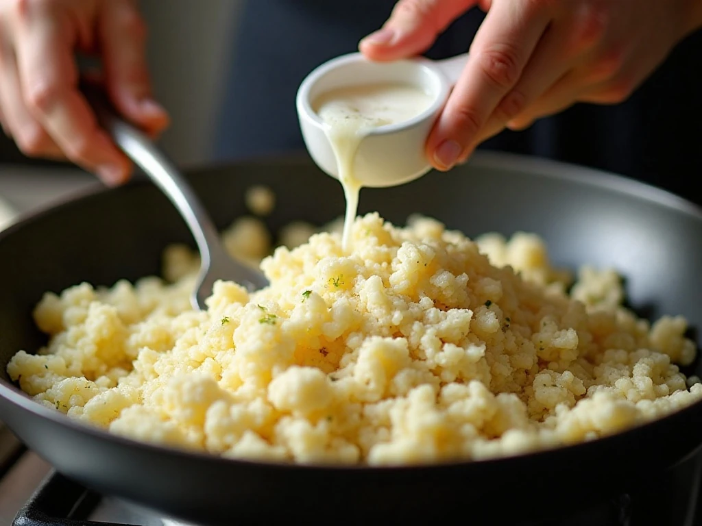 Cauliflower rice cooking with garlic and coconut oil in a skillet