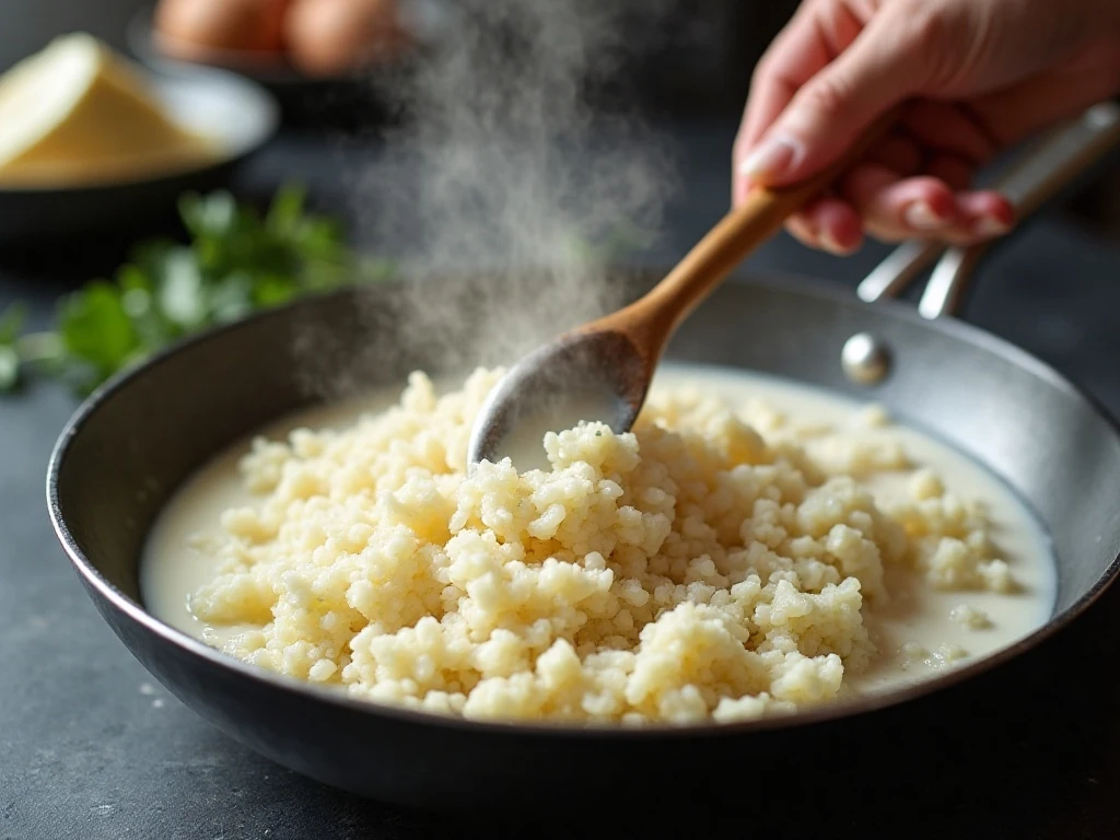 Uncovered skillet allowing coconut milk to reduce from cauliflower rice