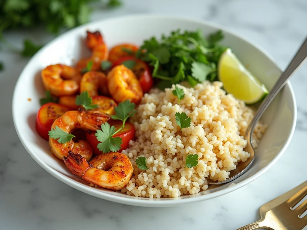 Coconut cauliflower rice served with grilled shrimp and vegetables