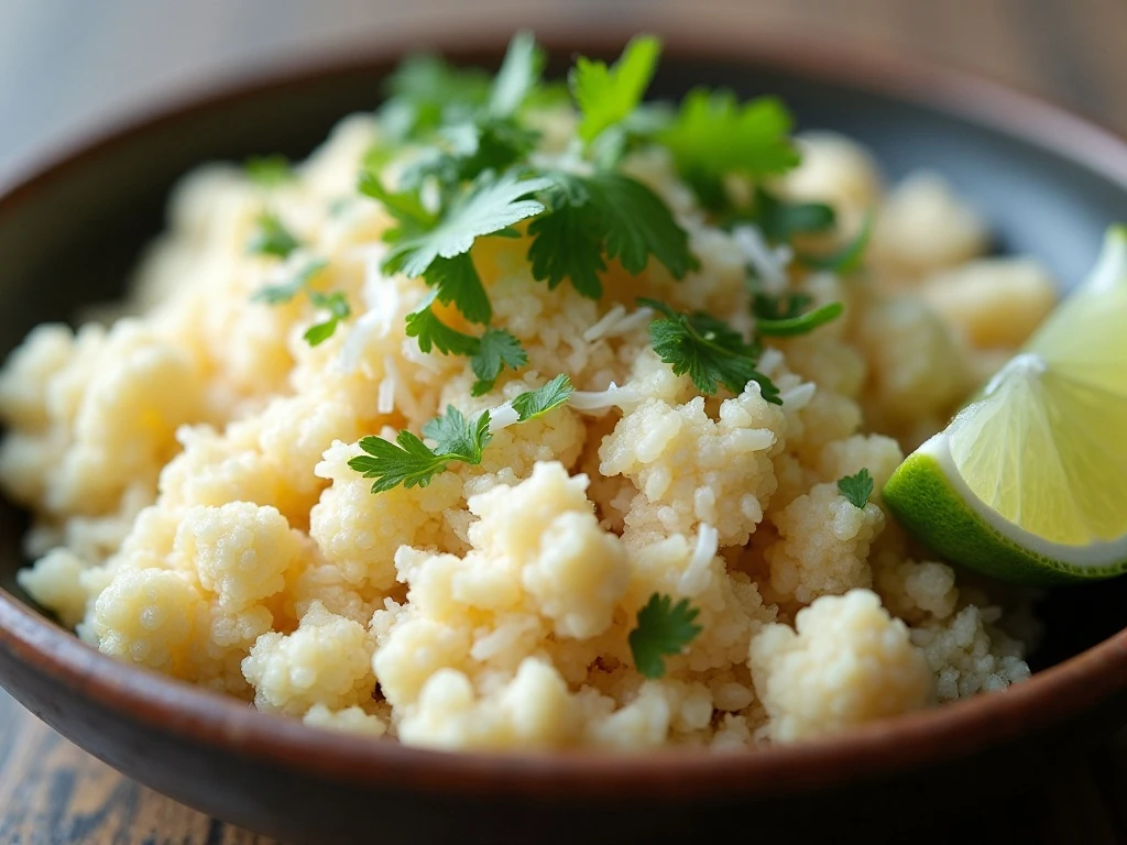 Close-up of coconut cauliflower rice with cilantro, shredded coconut, and lime