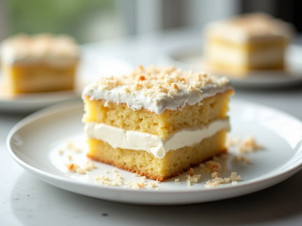 Slice of moist coconut cream cake with whipped topping and shredded coconut