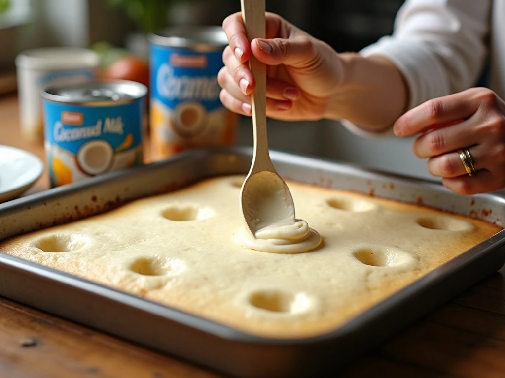 Poking holes in warm cake before adding the coconut soak