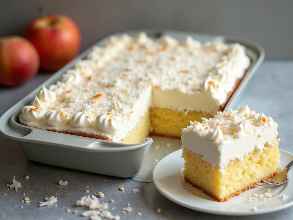Covered coconut cream cake ready to chill before serving