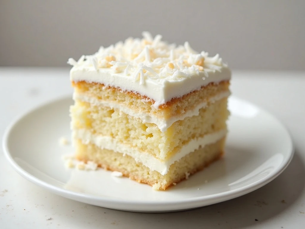 Slice of moist coconut cream cake with cream-cheese frosting