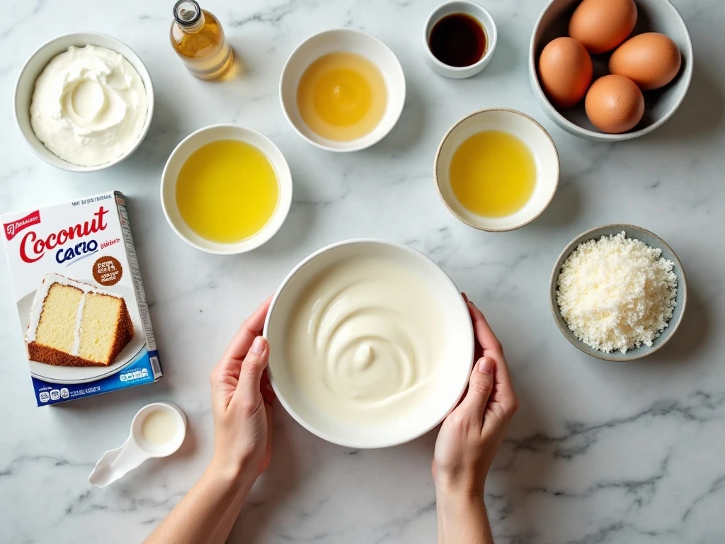 Ingredients for coconut cream cake and coconut frosting
