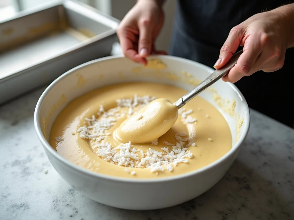 Mixing coconut cake batter before baking