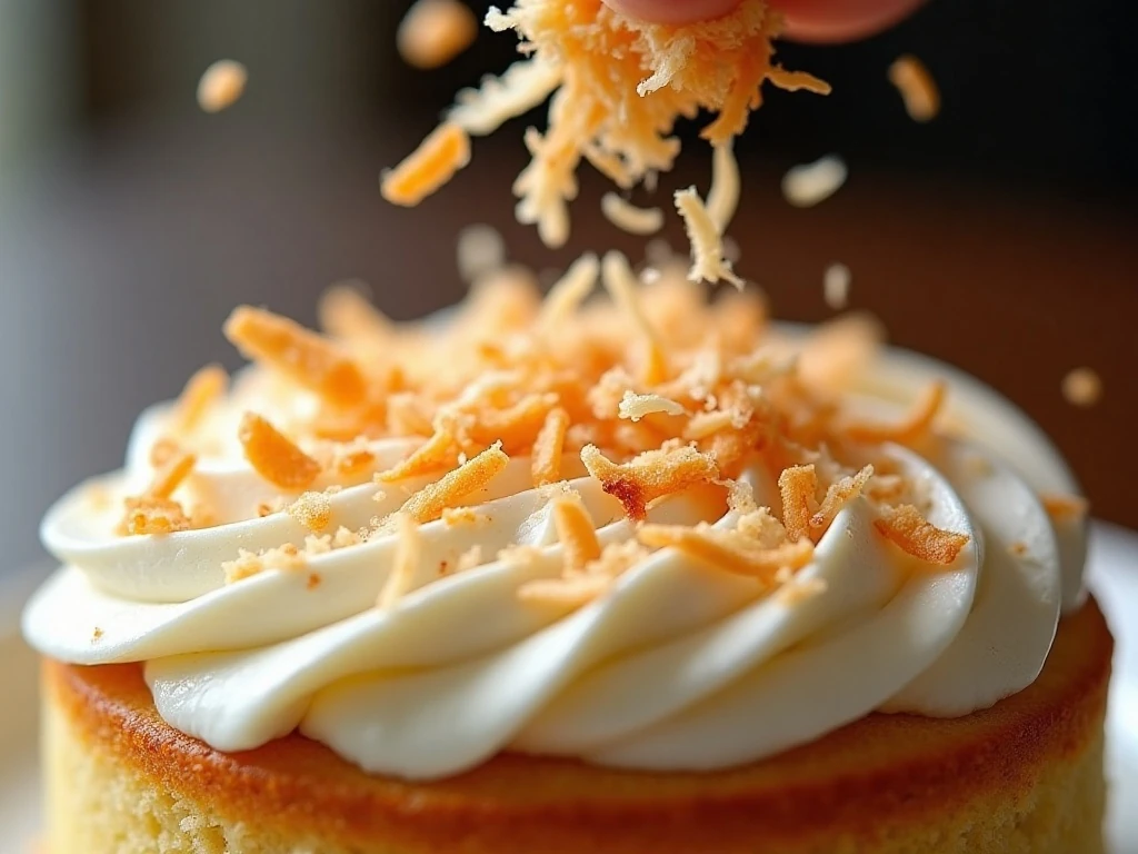 Toasted coconut garnish on cream-cheese frosting