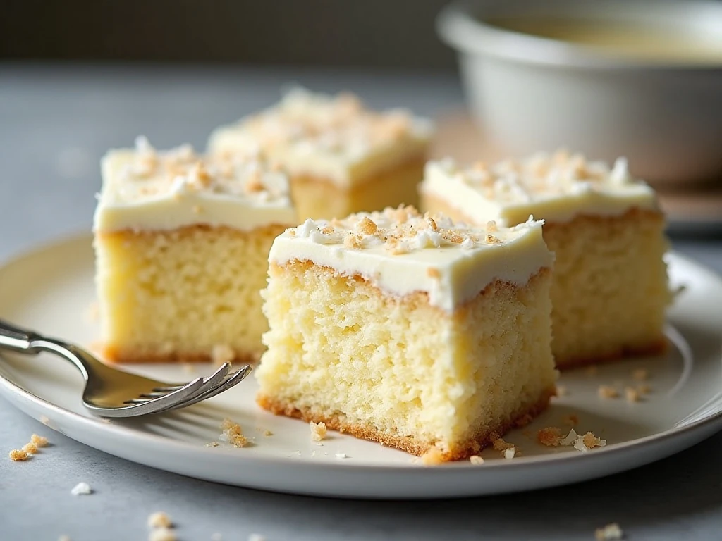 Chilled coconut cream cake squares ready to serve