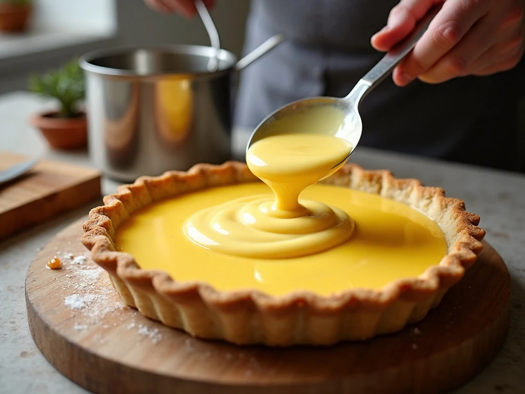 Smooth coconut custard poured into a baked pie crust