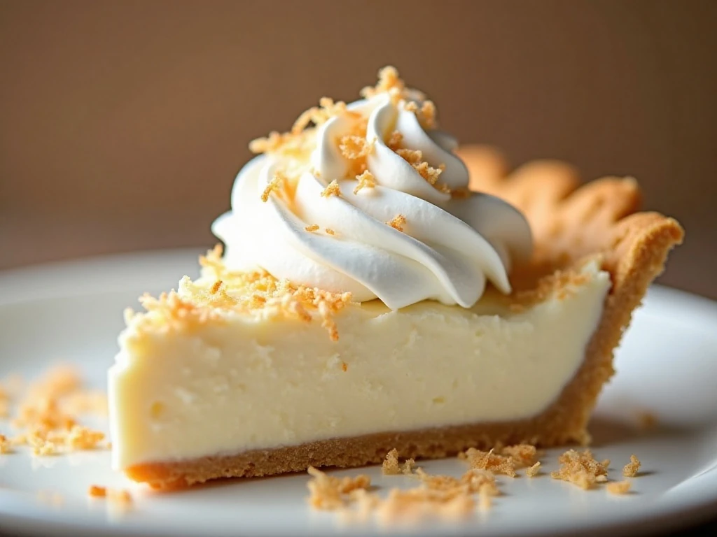 Slice of coconut cream pie with toasted coconut garnish