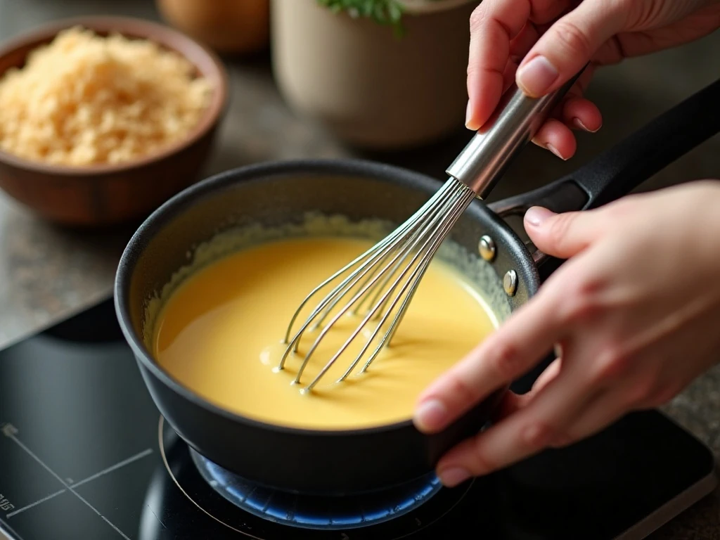 Whisking coconut custard for coconut cream pie