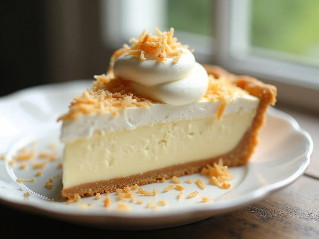 Slice of coconut cream pie topped with whipped cream and toasted coconut