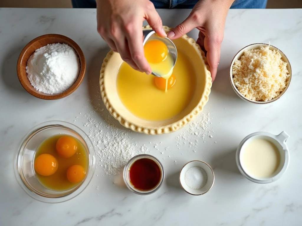 Ingredients for homemade coconut custard pie arranged on a counter