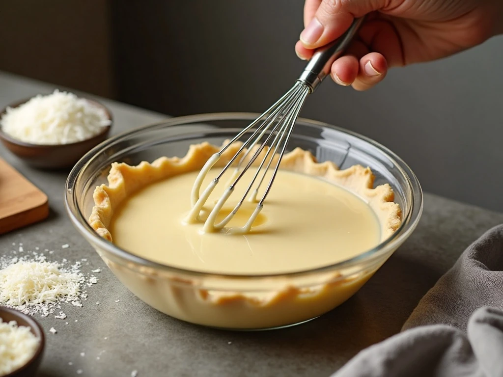 Whisking the coconut custard filling before pouring it into the pie crust