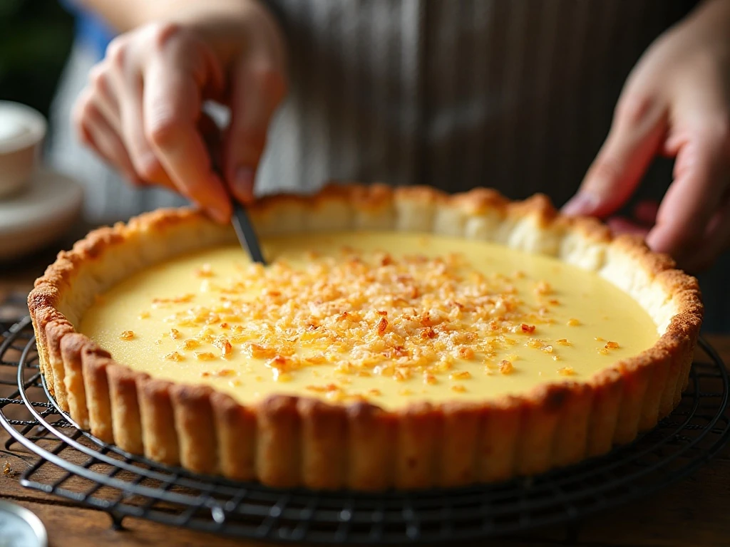 Baked coconut custard pie cooling with a lightly set center