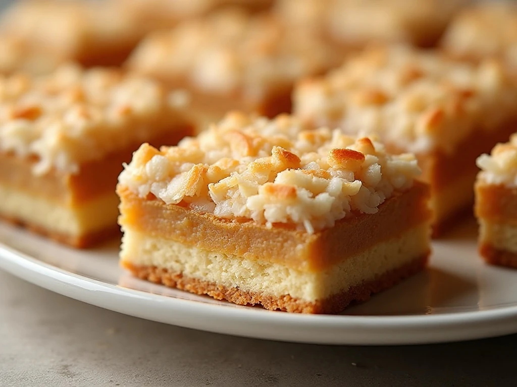 Golden coconut dream bars arranged on a serving platter