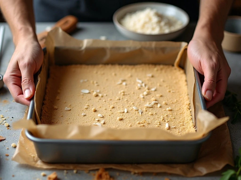 Pressing the shortbread crust into a pan for coconut dream bars