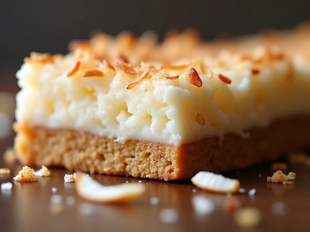 Close-up of the chewy coconut topping and shortbread crust
