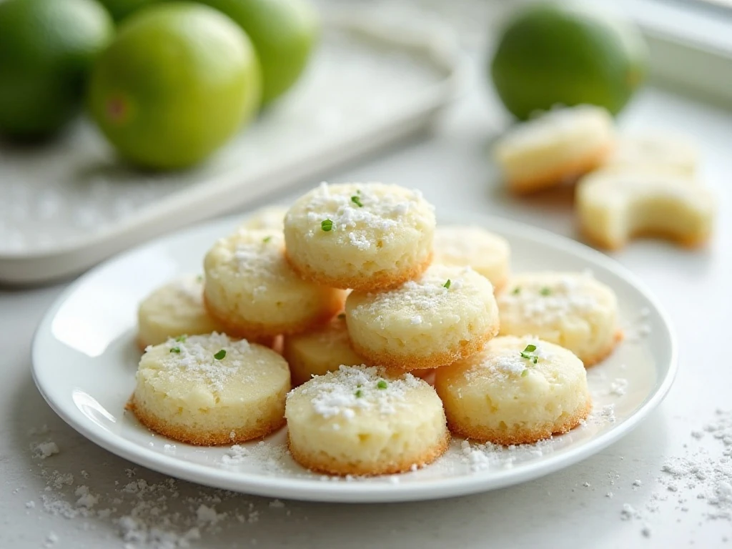Coconut Key Lime Meltaway cookies dusted with confectioners’ sugar on a serving plate
