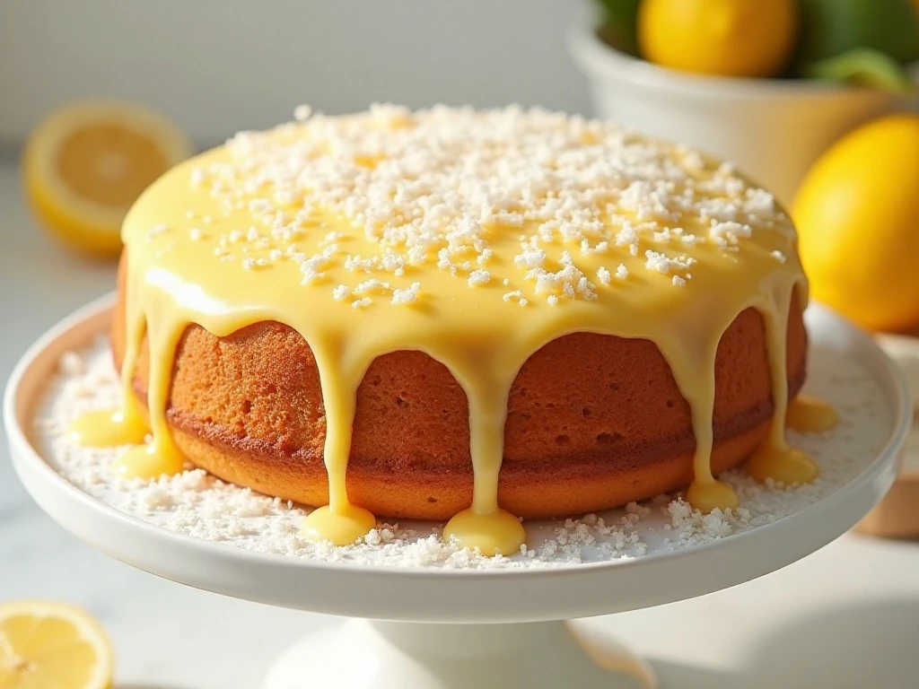 Moist coconut lemon cake with lemon glaze on a cake stand