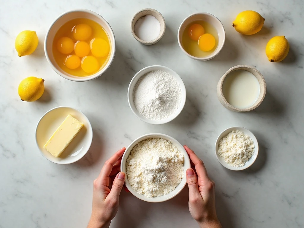 Measured ingredients for moist coconut lemon cake