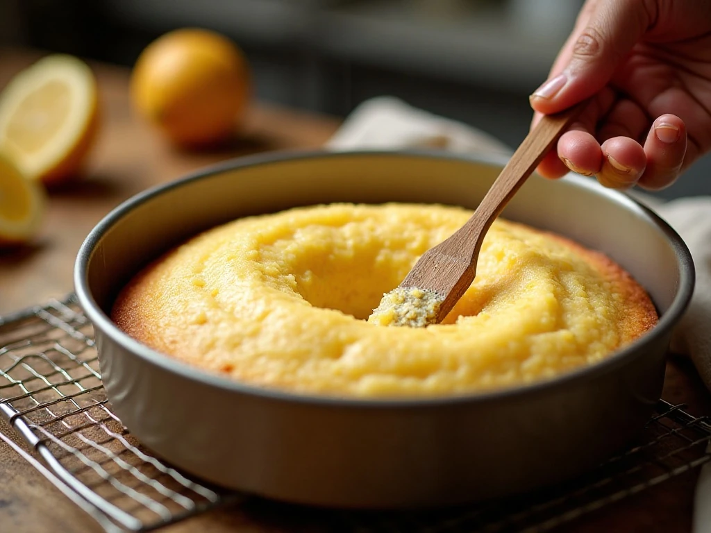 Testing a coconut lemon cake for doneness with a skewer