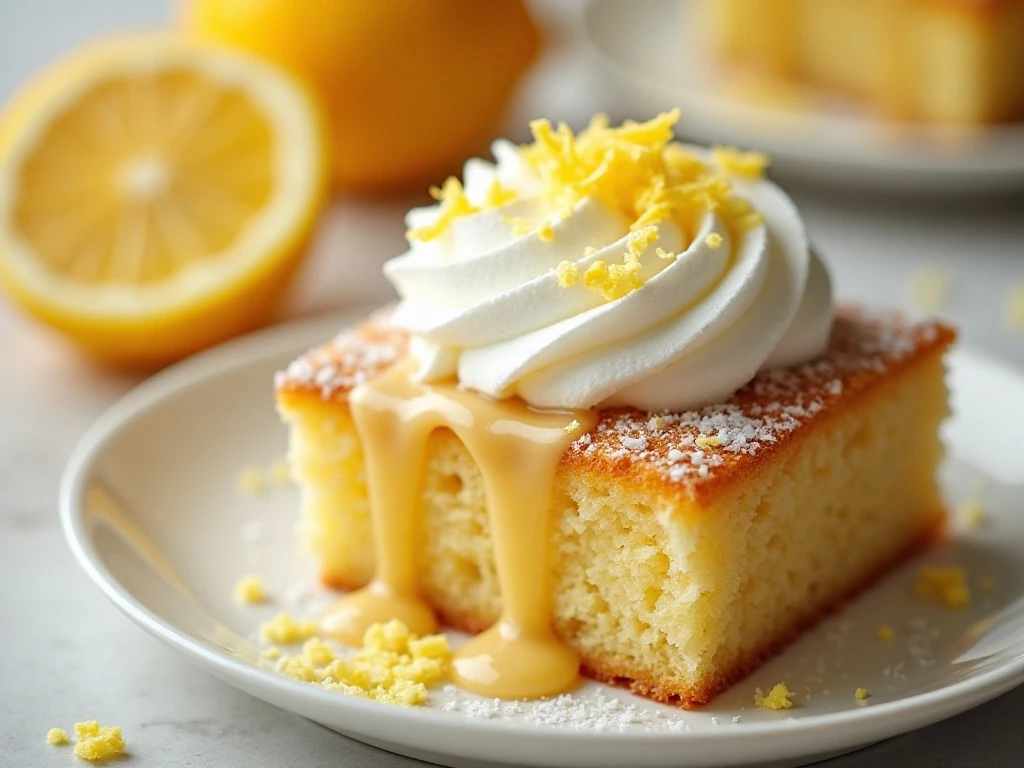 Lemon glazed coconut cake slice with coconut garnish
