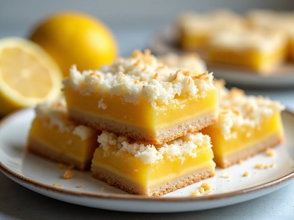 Coconut lemon crumble bars arranged on a plate