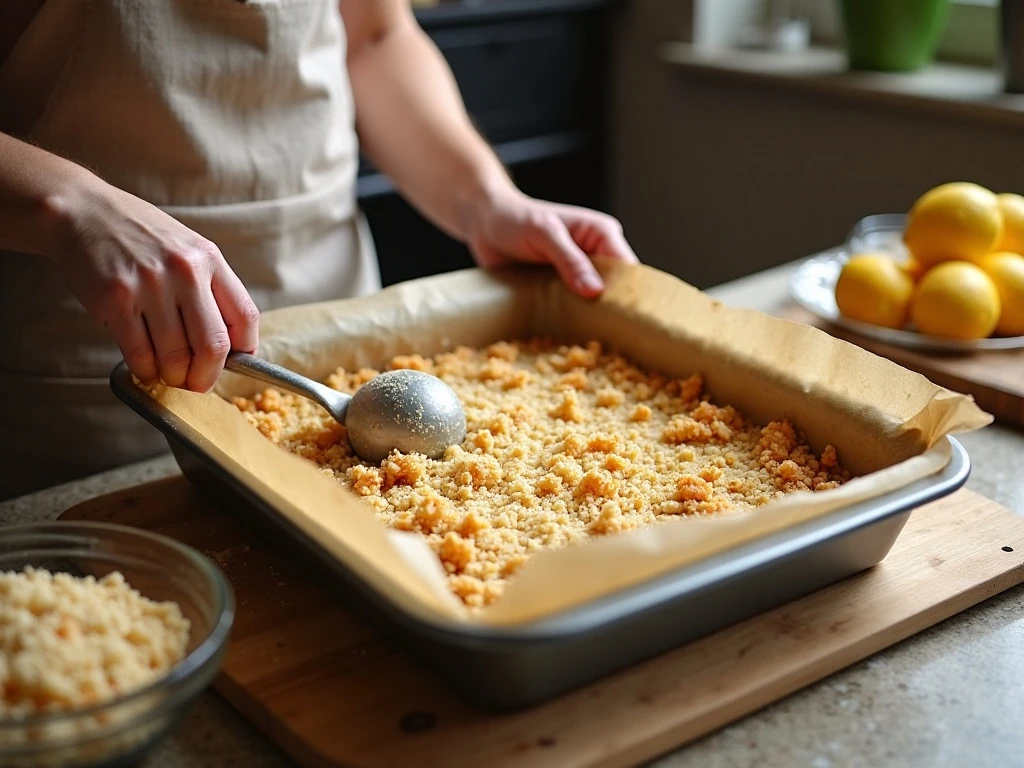 Pressing coconut crumble into a baking pan