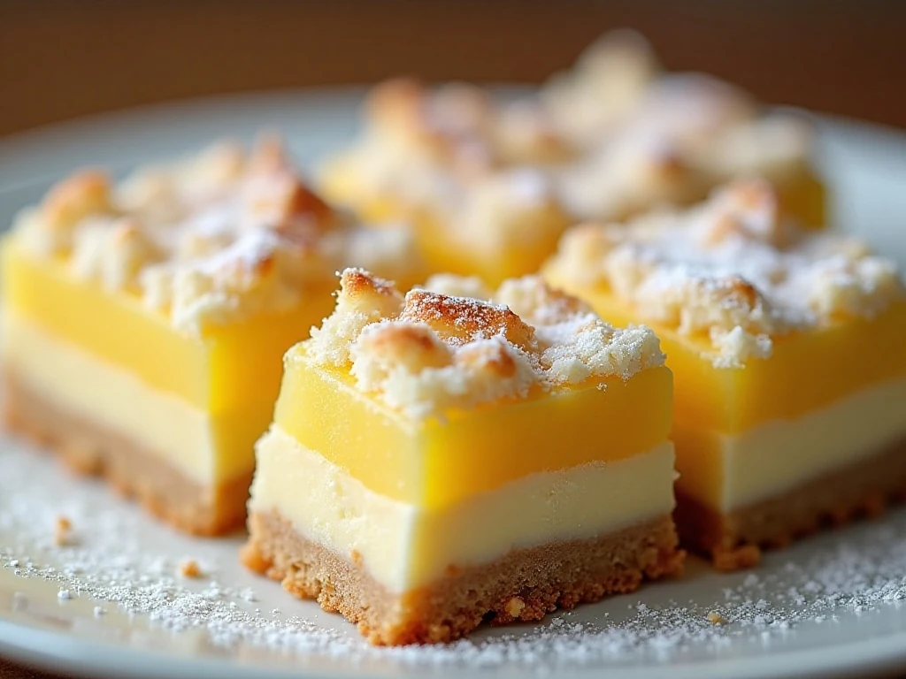 Cleanly sliced coconut lemon crumble bars with confectioners’ sugar